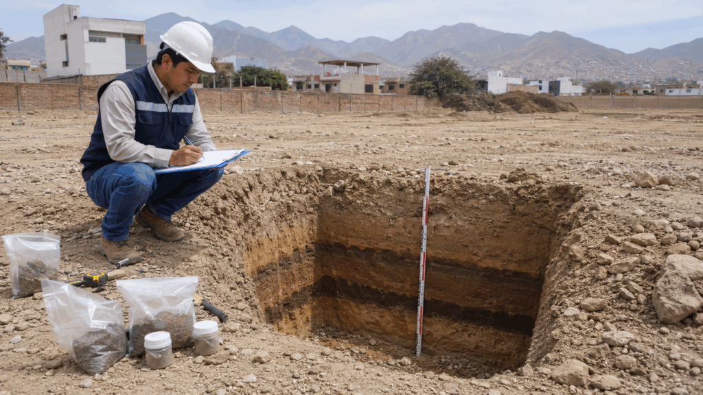 Ingeniero realizando estudios de mecánica de suelos antes de comprar un terreno